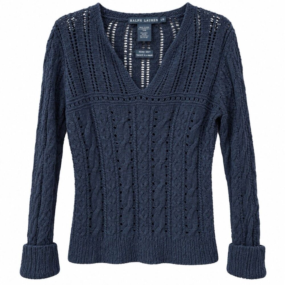 Ralph Lauren Hand Knit Linen Cotton Cable Sweater Women L Navy Openwork V Neck